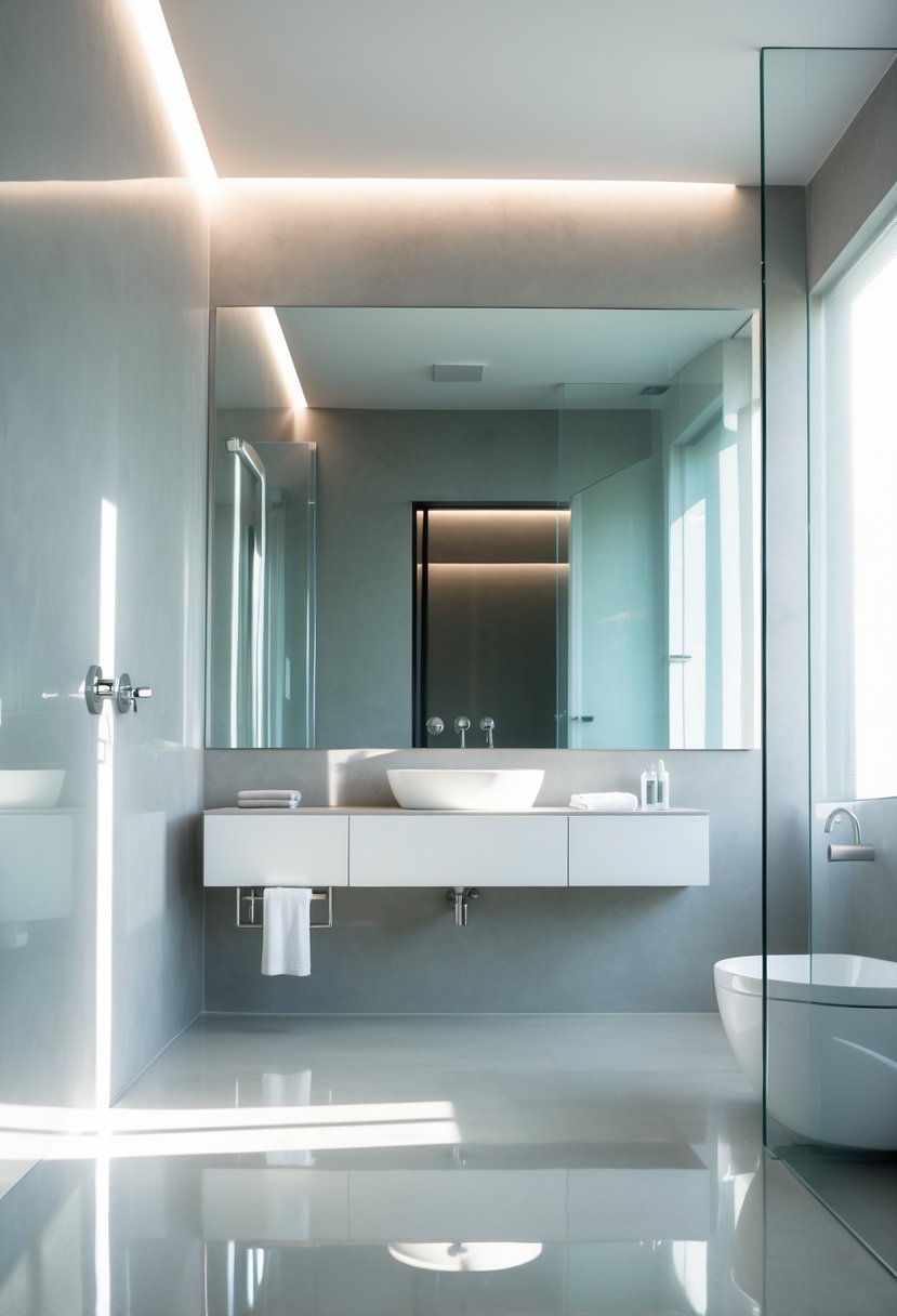 A modern bathroom with smooth, reflective gray surfaces, a large mirror, a floating vanity, and a glass shower enclosure.