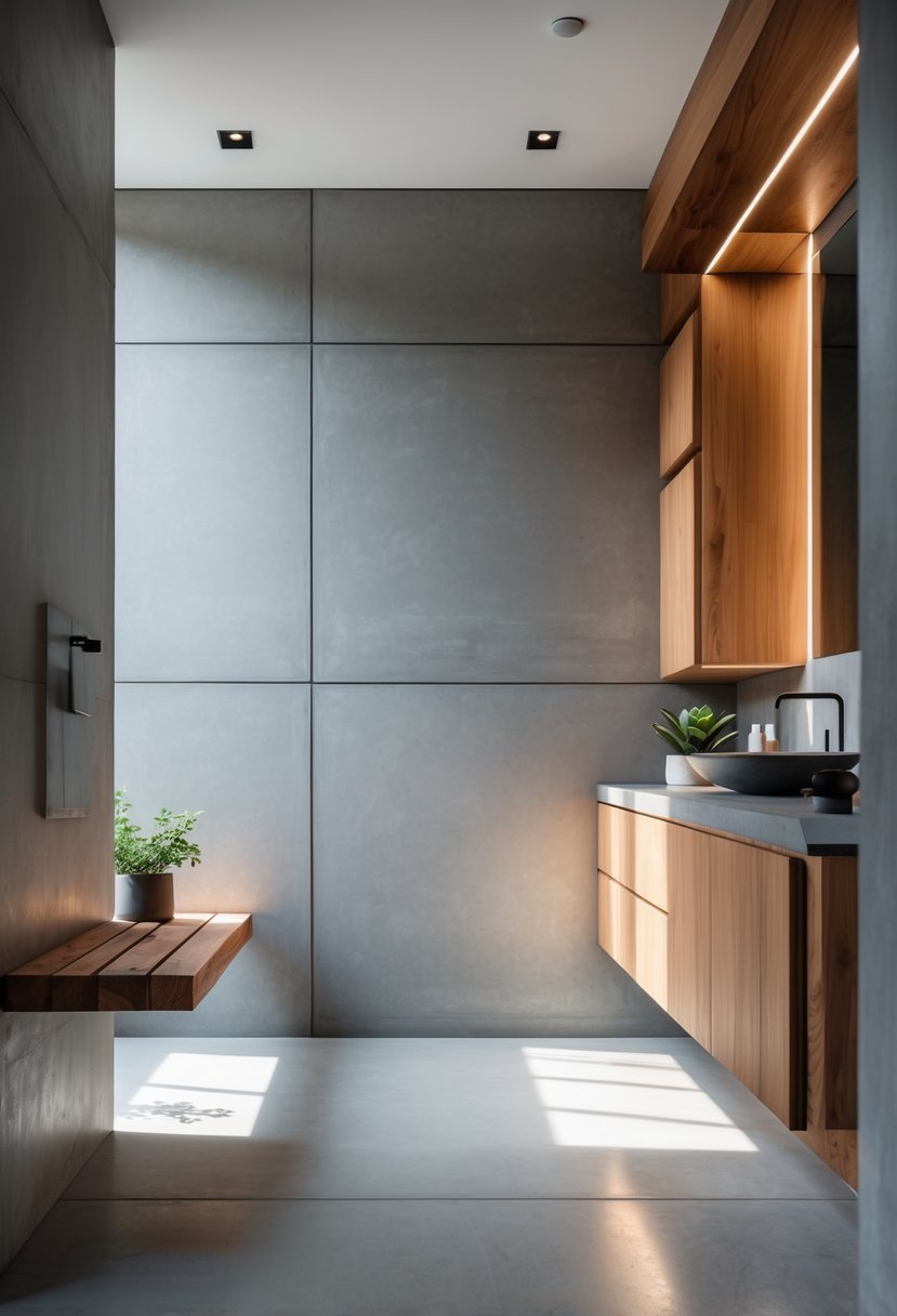 Modern bathroom with grey walls and floors, wooden cabinets, a sink, mirror, and a small plant.
