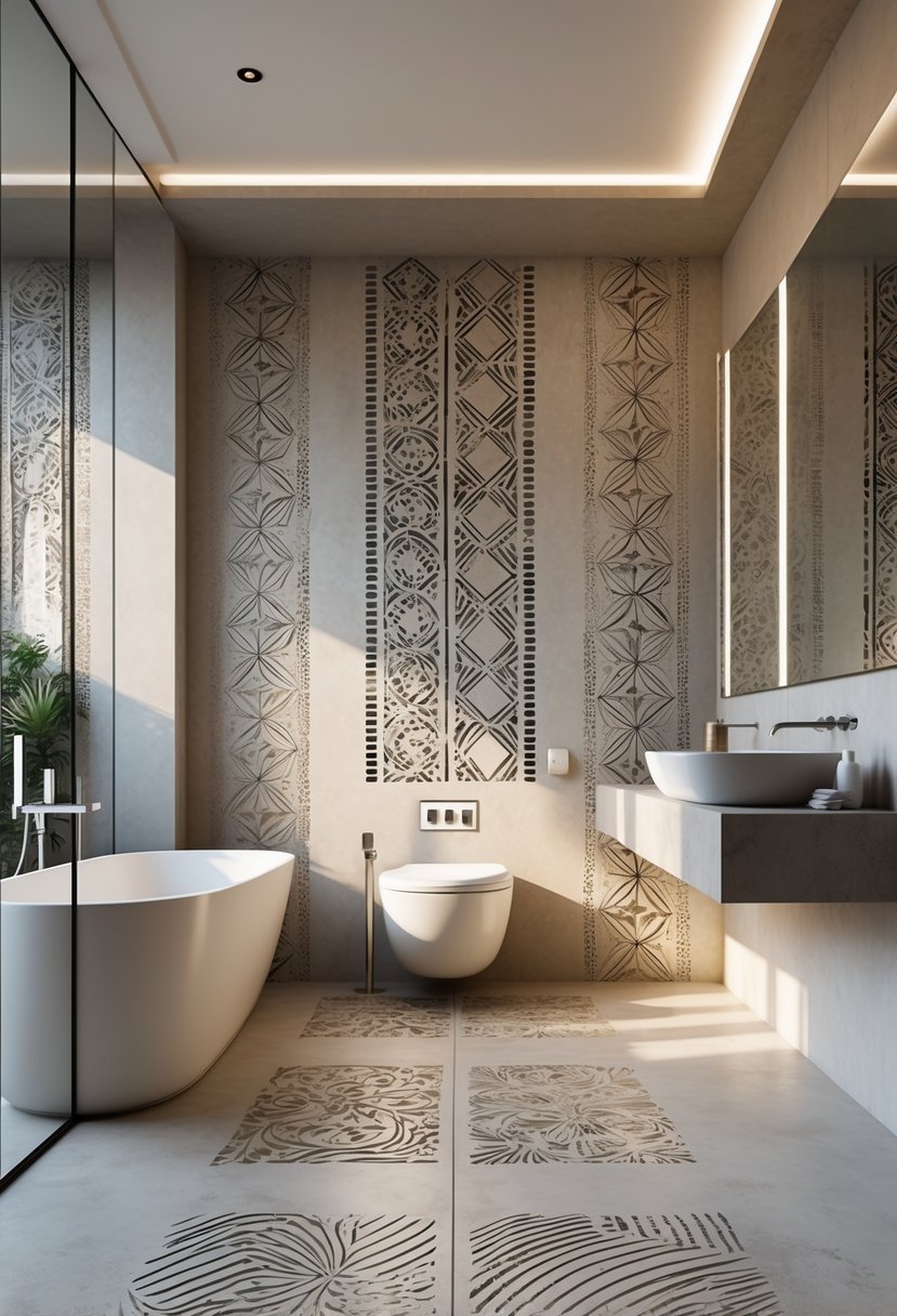A modern bathroom with a freestanding bathtub and walls and floor decorated with custom patterned microcement surfaces.