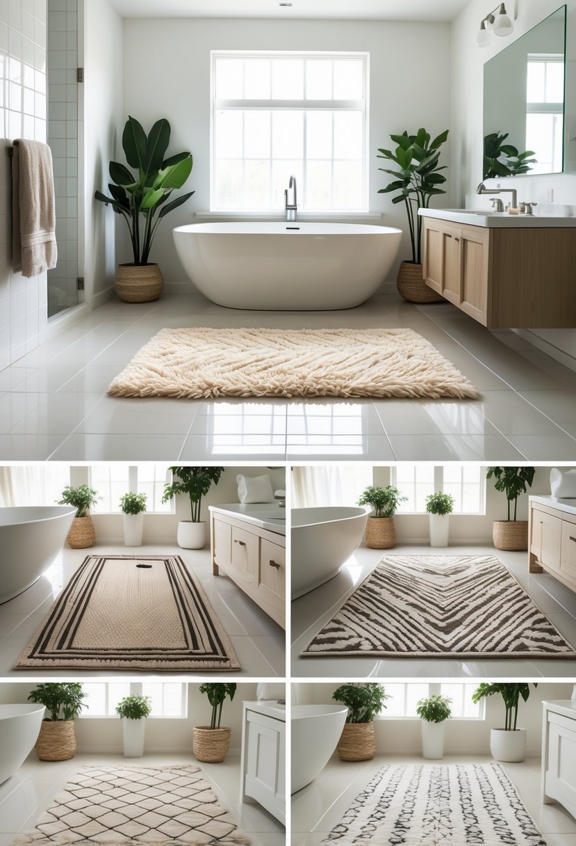 A modern bathroom with ten large rugs of various styles and colors placed around a bathtub, sink, and floor.