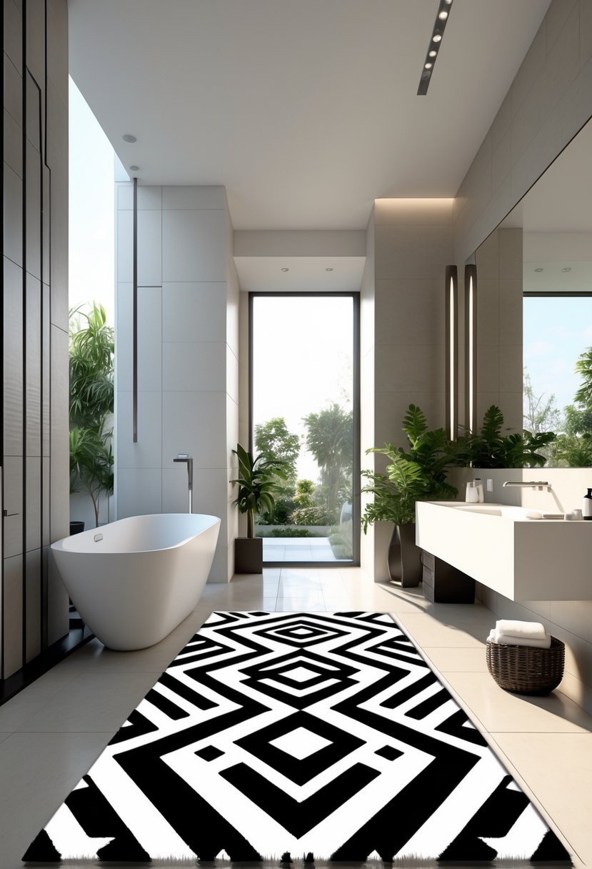 A spacious bathroom with a large black and white geometric rug on the floor, featuring a bathtub, vanity, and plants.
