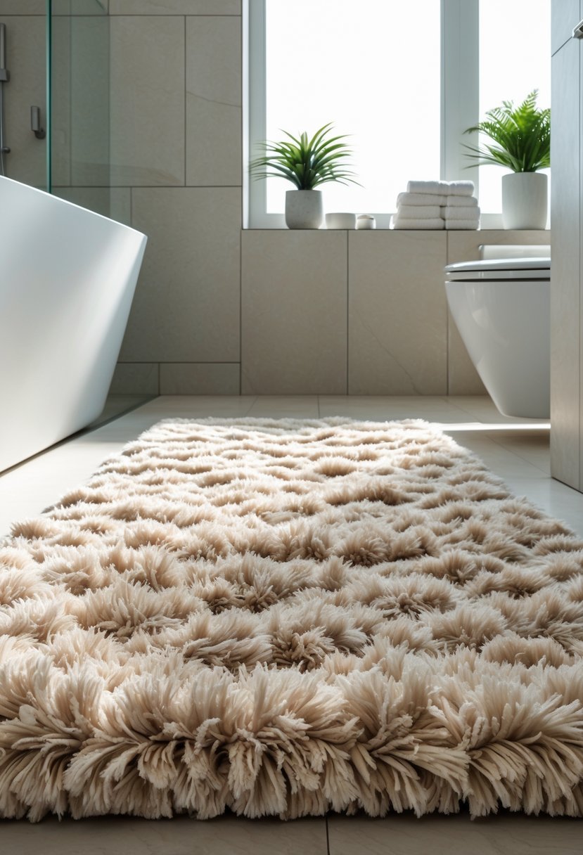 A modern bathroom with a large, soft shaggy bath rug placed in front of a bathtub, surrounded by light tiles and natural light.
