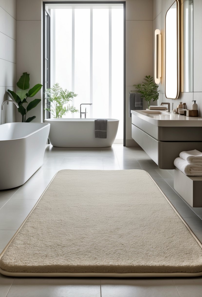 A large waterproof memory foam bath mat placed on the floor of a modern bathroom with a bathtub, vanity, plants, and natural light.
