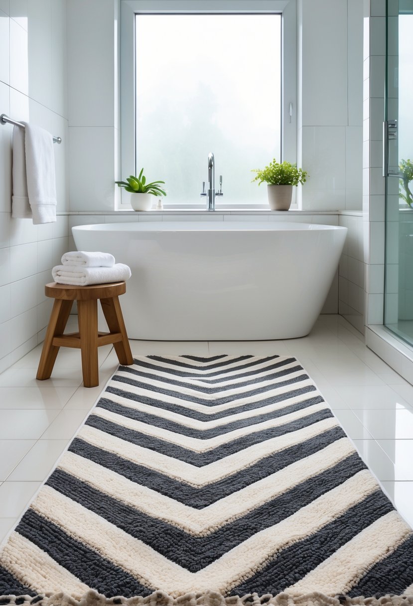 A bathroom with a large chevron patterned rug on the floor in front of a white bathtub, with natural light and simple decor.