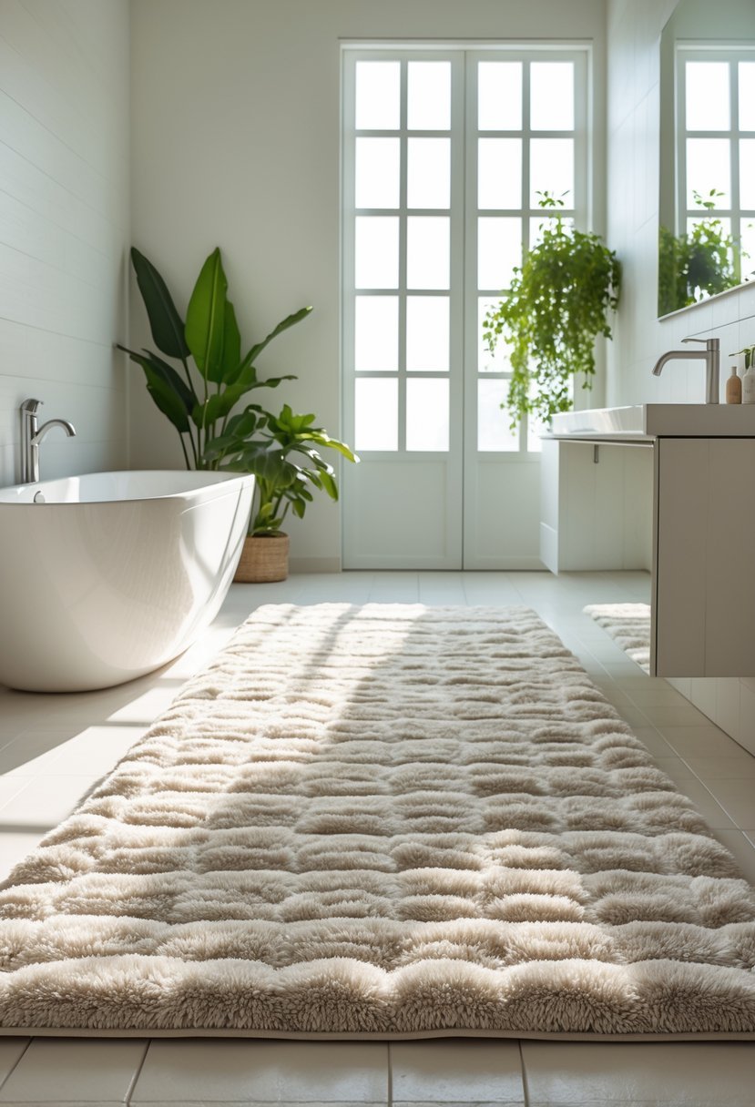 A large cotton tufted rug placed on the floor of a modern bathroom with a bathtub, vanity, and plants.