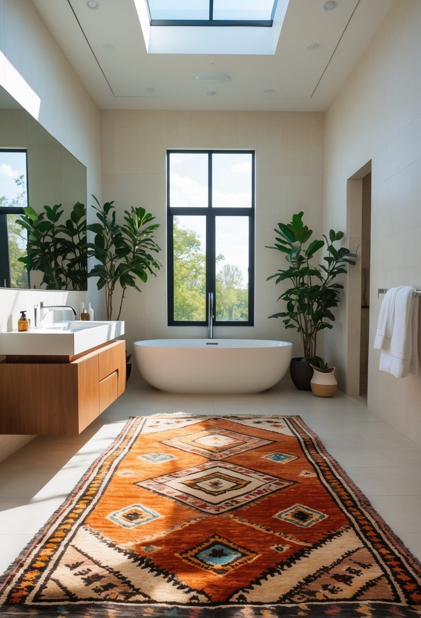 A large bathroom with a freestanding bathtub, wooden vanity, green plants, and a patterned rug on the floor.