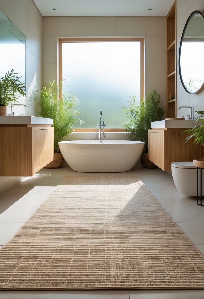 A large bamboo fiber rug on the floor of a modern bathroom with a bathtub, wooden cabinets, and potted plants.