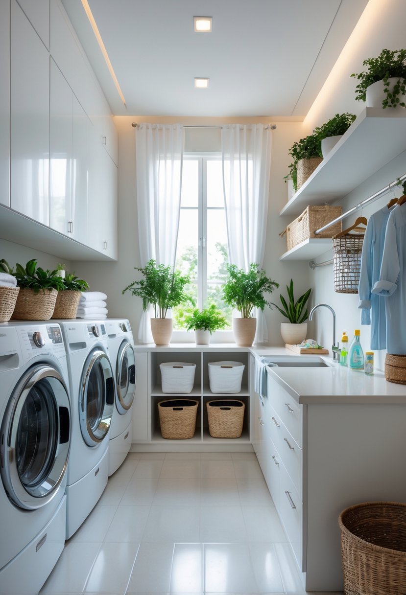 A bright and organized laundry room with washing machines, dryers, shelves, folding counter, and plants.