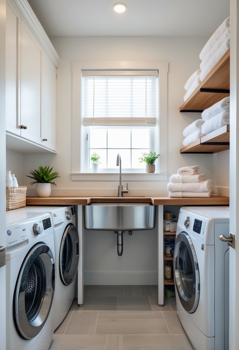 A laundry room with a utility sink next to a washing machine and dryer, shelves with towels and laundry supplies, and a window letting in natural light.