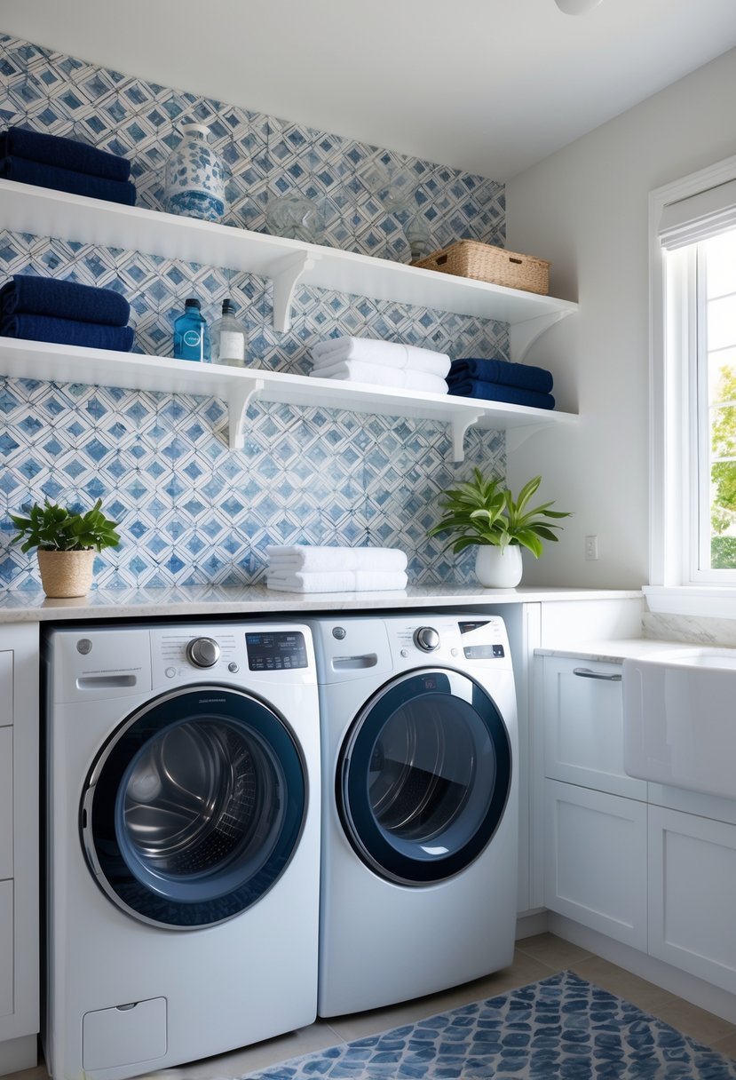 A laundry room with a patterned tile backsplash, white countertop, washing machine, dryer, and shelves with laundry supplies.