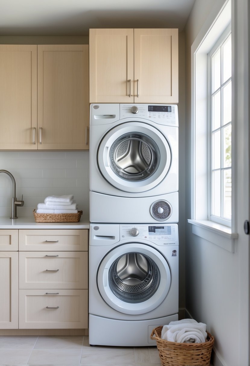 A laundry room with a stackable washer and dryer unit, countertop with folded laundry, and storage cabinets.