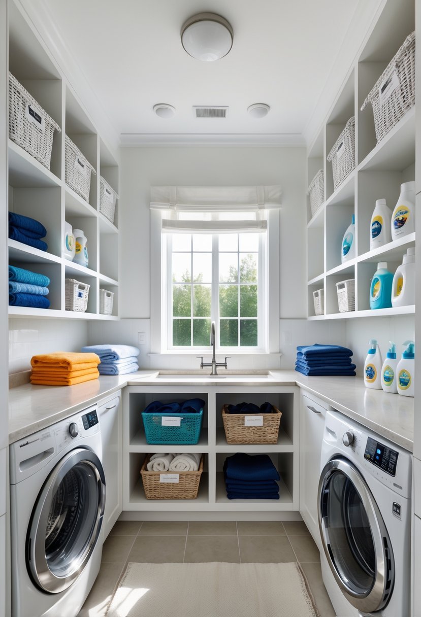 A clean laundry room with sorting baskets, folded clothes on a countertop, and a washing machine and dryer.