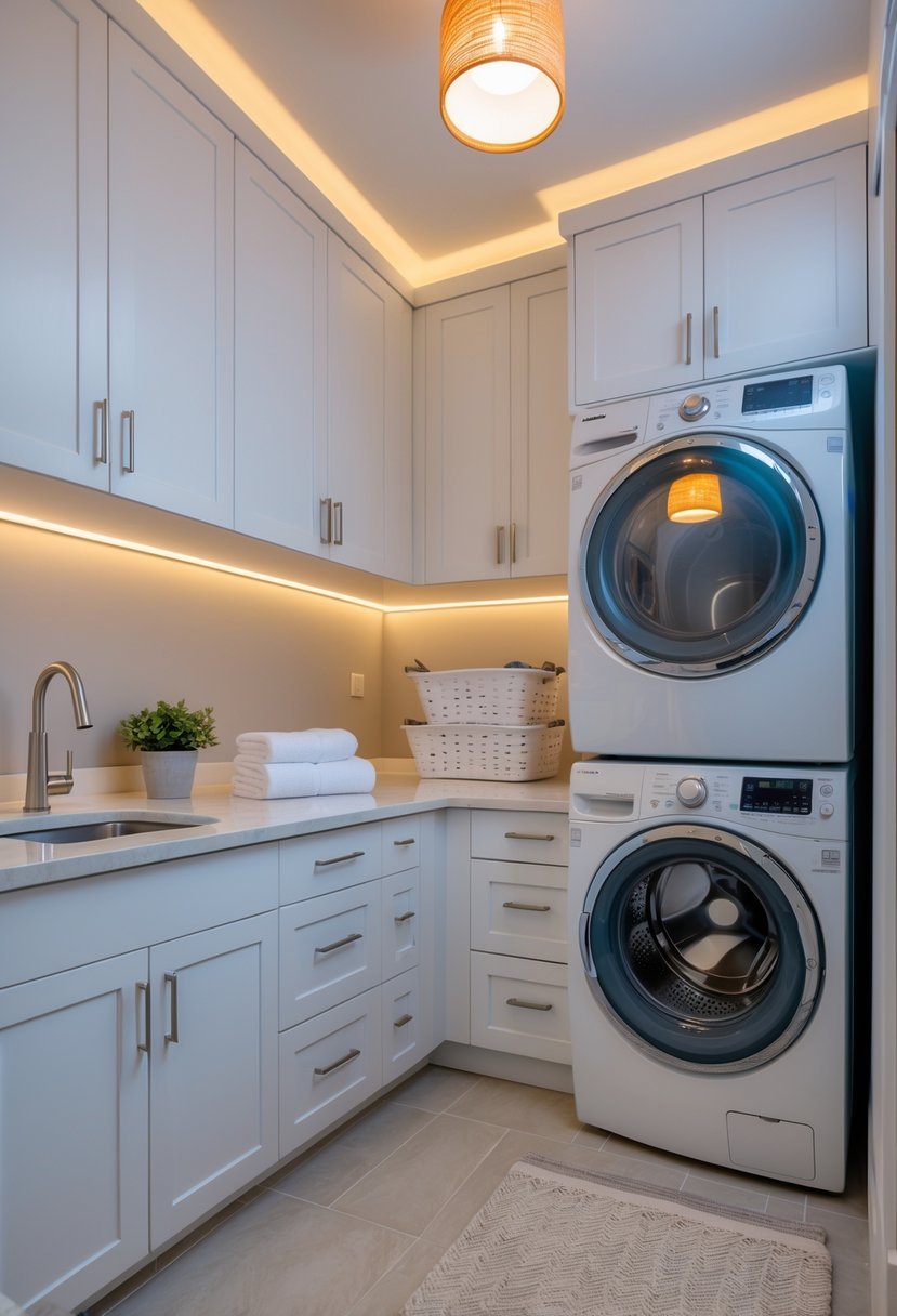 A bright laundry room with washing machine, dryer, white cabinets, and stylish pendant lights illuminating the space.