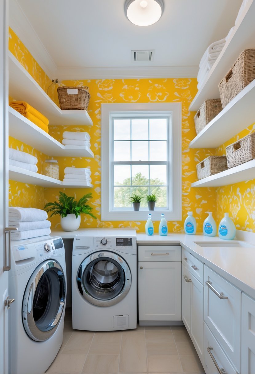 Laundry room with washer and dryer, shelves with towels and plants, and colorful walls.