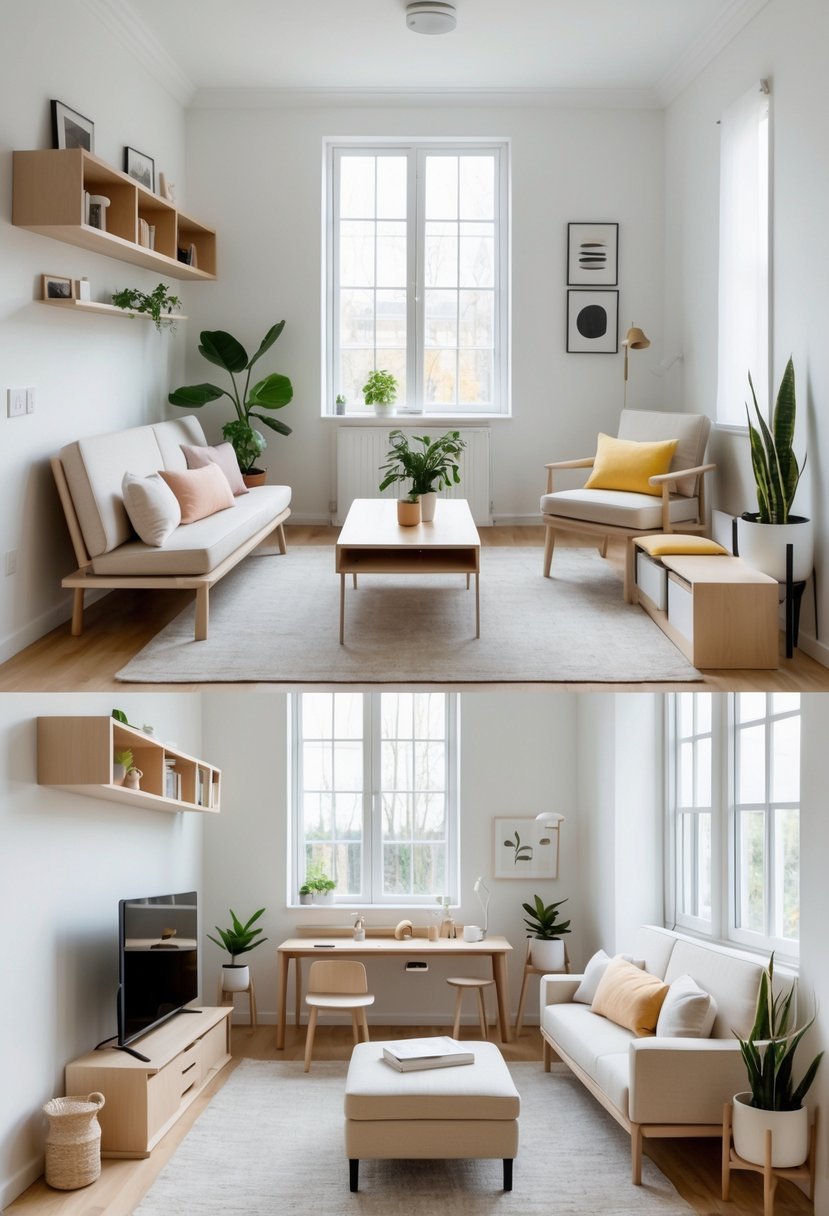 A small living room with various furniture pieces including a sofa, coffee table, armchair, shelving, and storage items arranged neatly to maximize space.