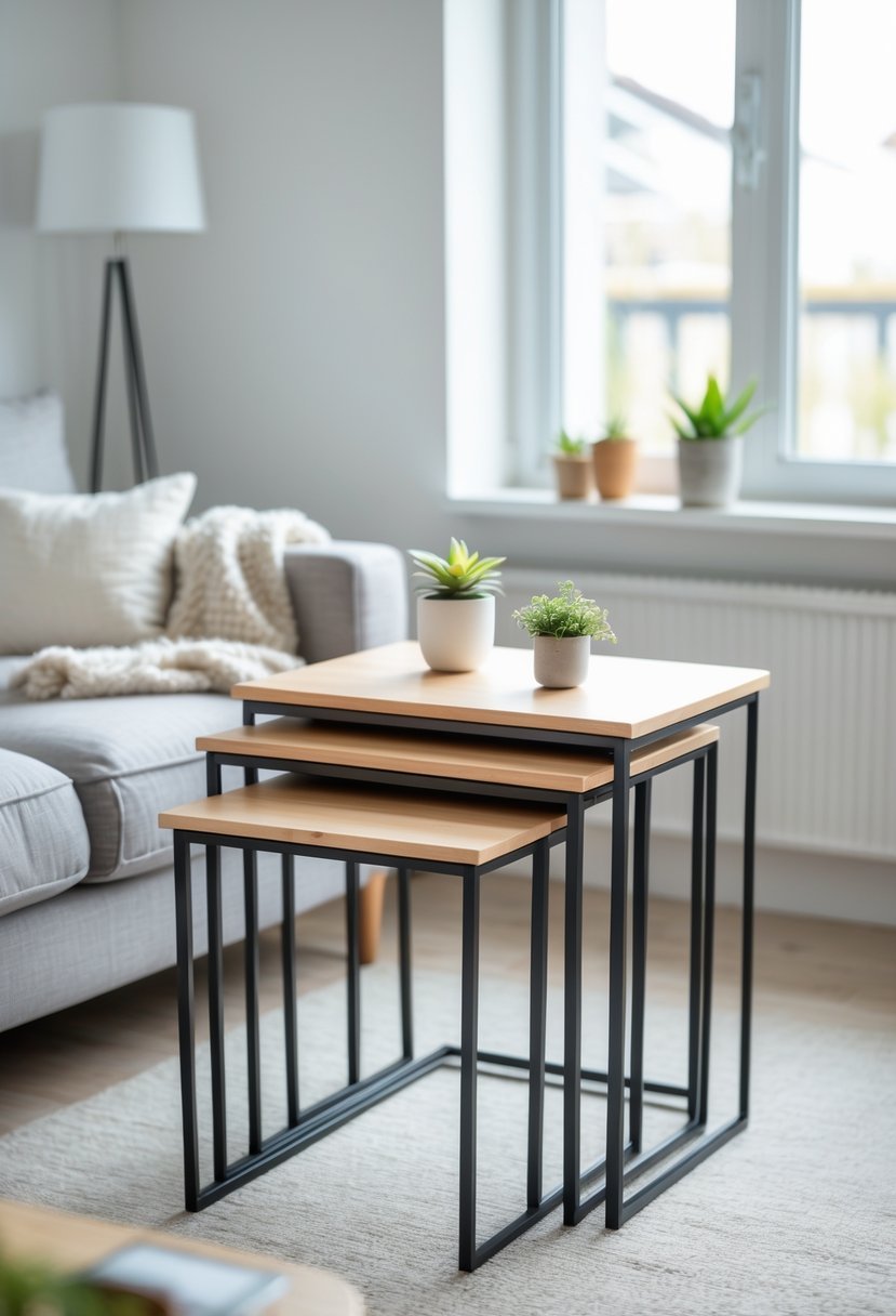A small living room with a compact sofa and a set of nesting tables arranged beside it, featuring a potted plant on the tables and natural light coming through a window.