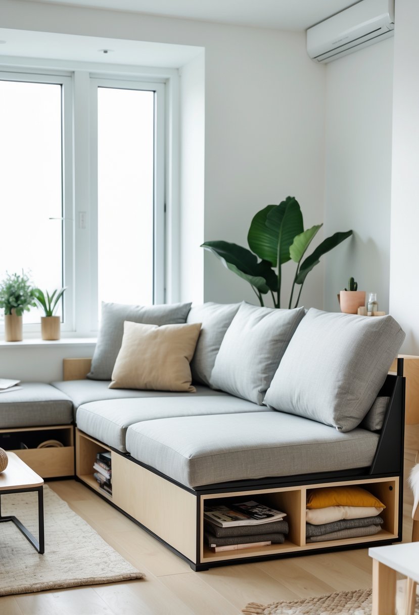 A small living room with a compact sectional sofa that has built-in storage compartments, a coffee table, plants, and natural light coming through windows.