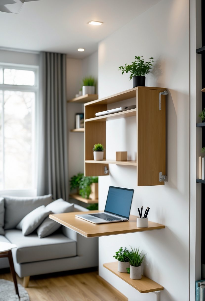A small living room with a wall-mounted fold-down desk set up as a workspace, surrounded by space-saving furniture and natural light.