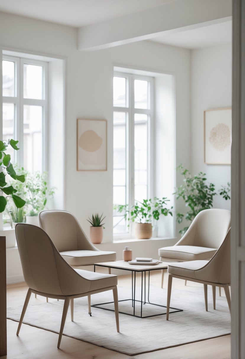 A small living room with slim, modern accent chairs arranged around a coffee table in a bright and tidy space.