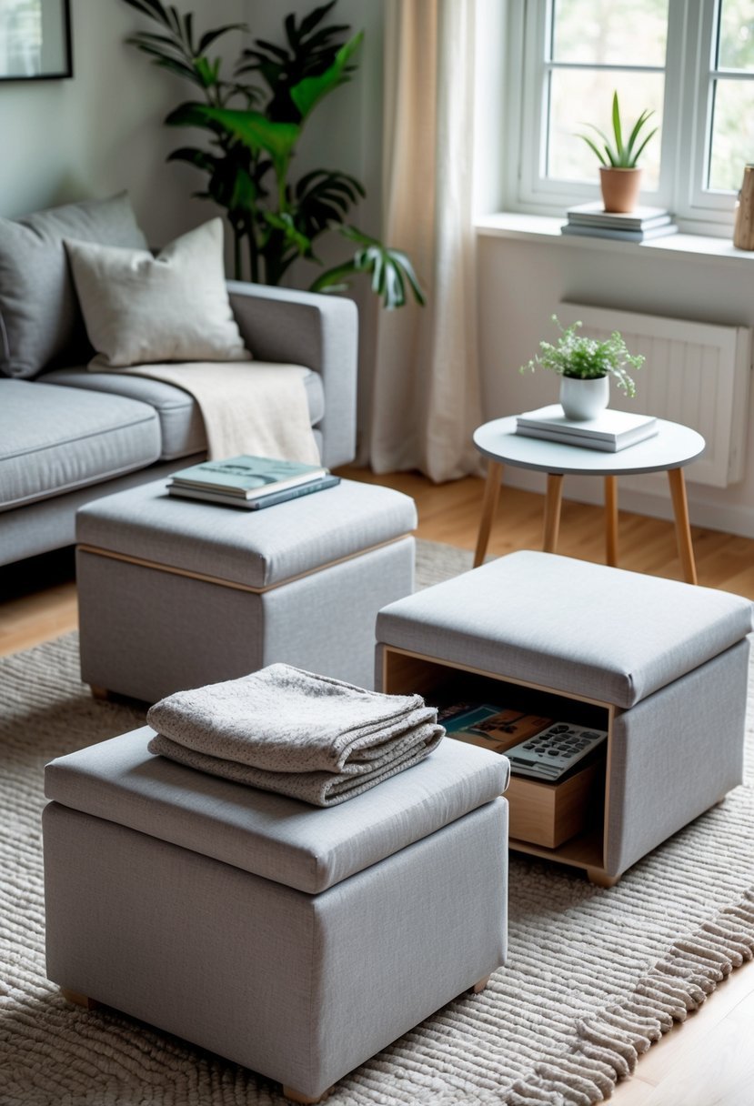 Small living room with two ottomans, one open showing hidden storage, near a sofa and a coffee table.