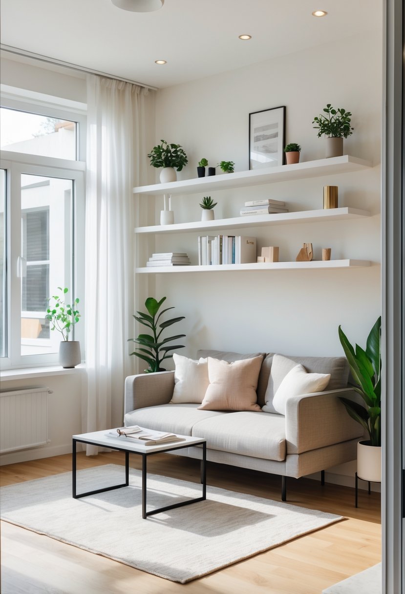 Small living room with floating shelves holding plants and books above a sofa and coffee table.