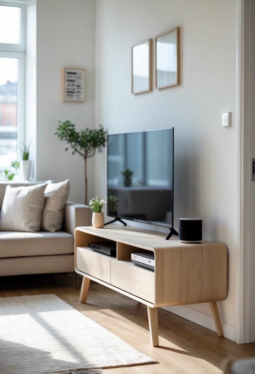 A small living room with a slim wooden TV stand holding a flat-screen television and decorative items, next to a sofa and coffee table.