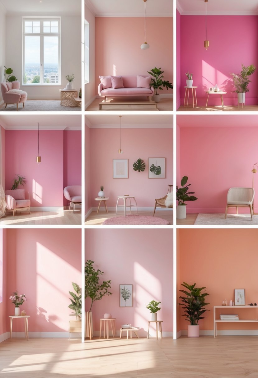 A room with ten different pink-painted wall sections, each with matching minimalist decor and natural lighting.