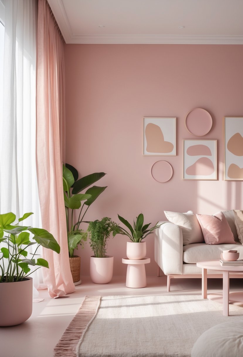 A living room with soft blush pink walls, natural light, modern furniture, and green plants creating a calm atmosphere.