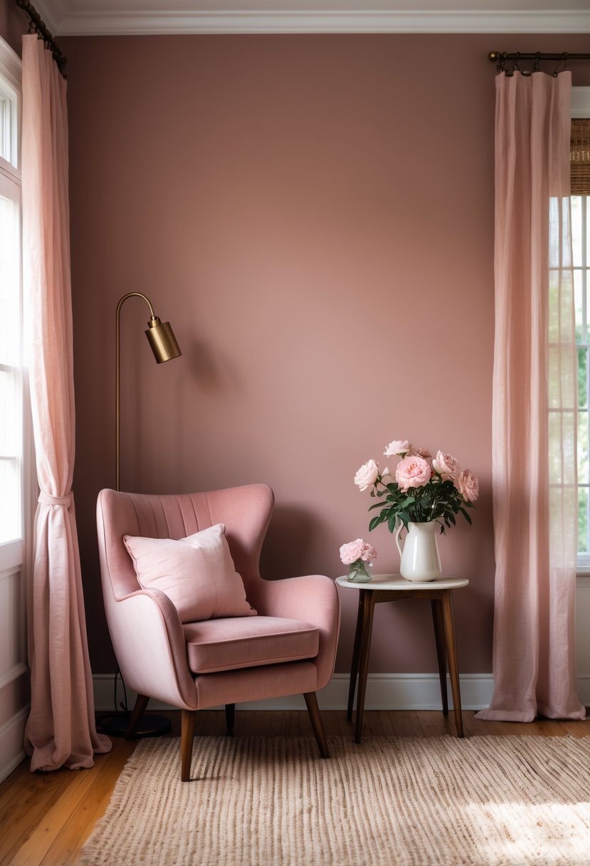 A cozy living room corner with a dusty rose colored wall, a pink armchair, a wooden side table with flowers, and natural light coming through sheer curtains.