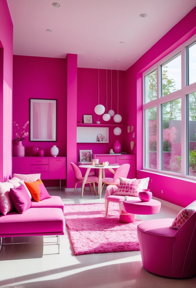 A bright room with bold magenta walls and pink decorative accents, featuring modern furniture and natural light.