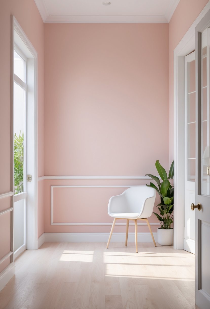 A bright room with blush pink walls and white trim, featuring a white chair, a green plant, and wooden flooring.