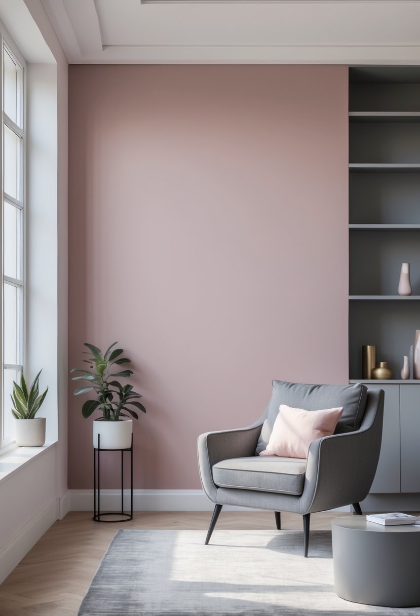 A modern living room with a muted pink wall and gray furniture and decor.