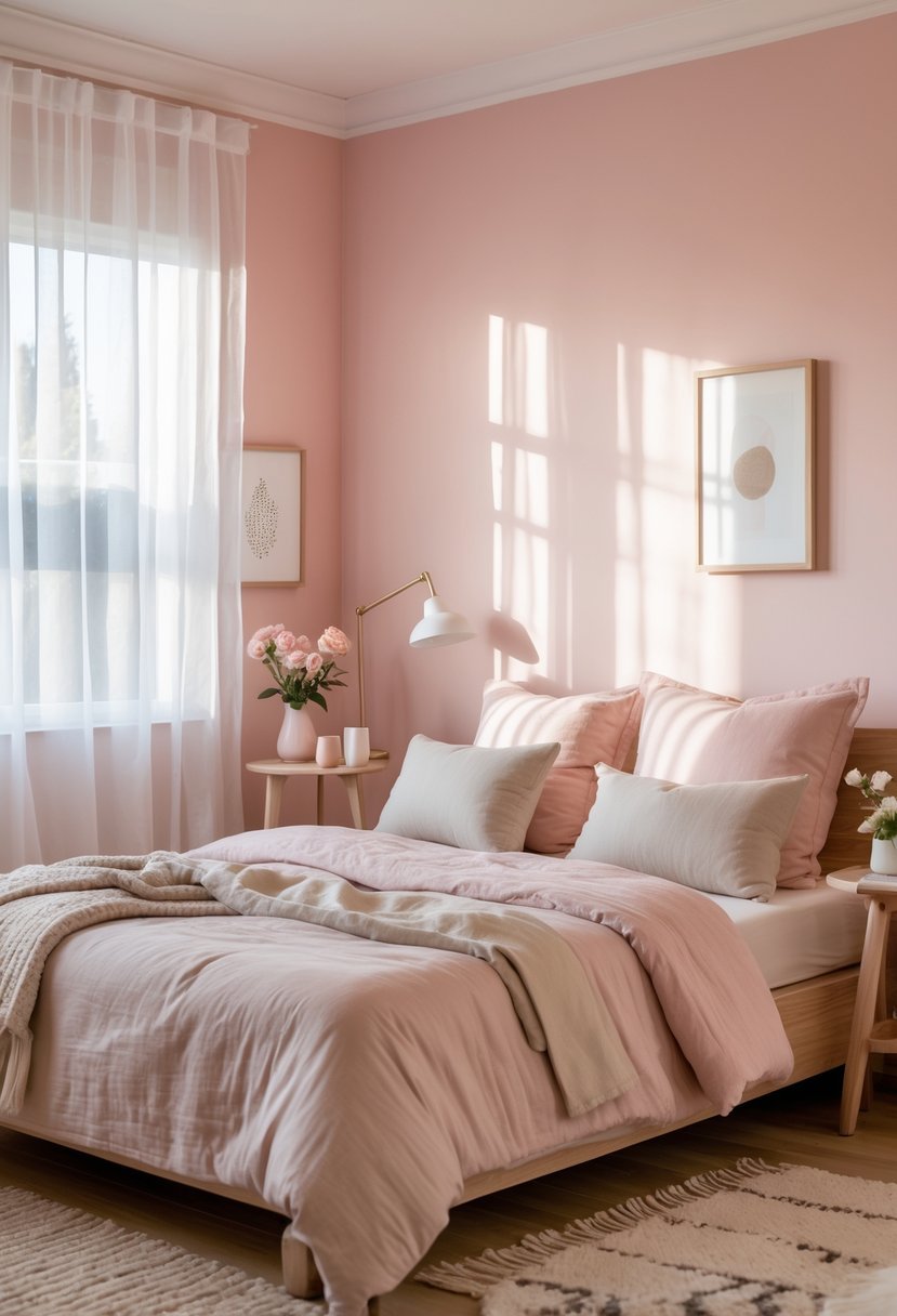 A cozy bedroom with soft pink walls, a bed with neutral linens, natural light coming through sheer curtains, and wooden furniture with decorative accents.