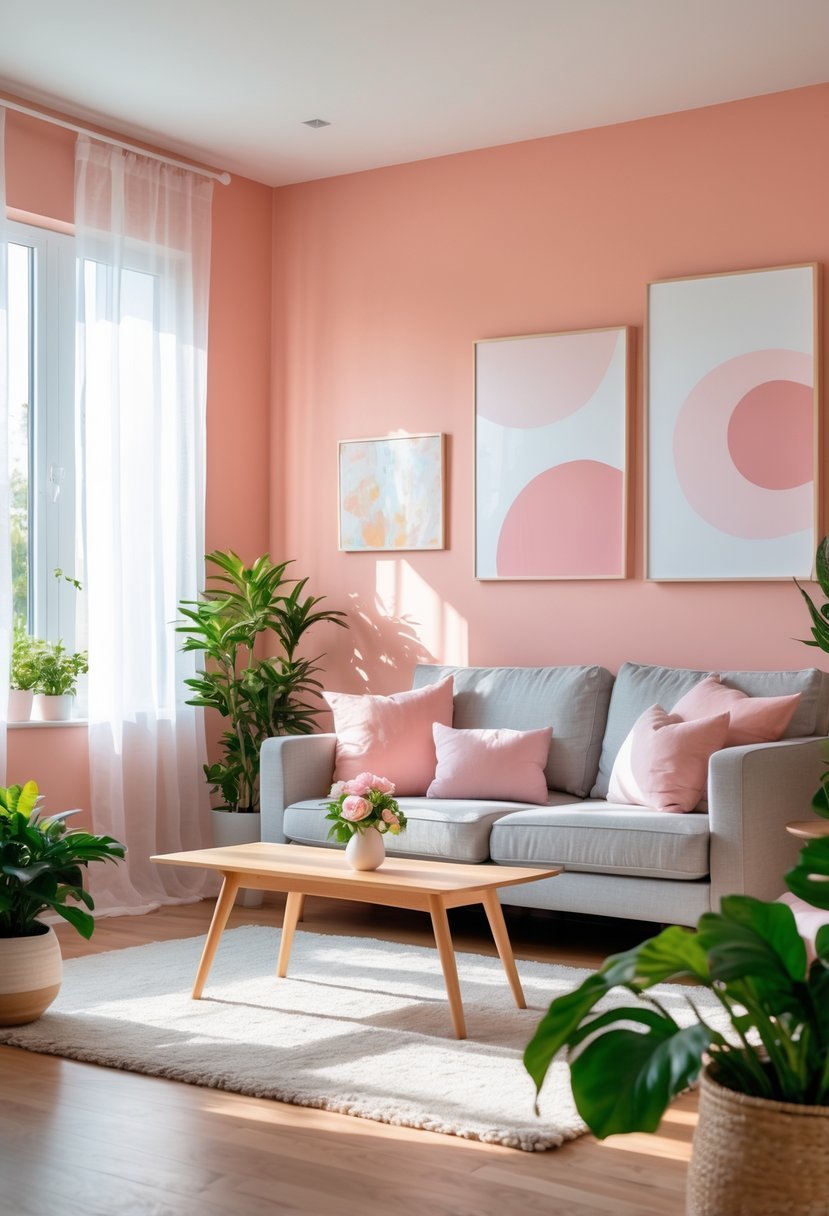 A modern living room with salmon pink walls, a gray sofa, coffee table, indoor plants, and natural light coming through large windows.