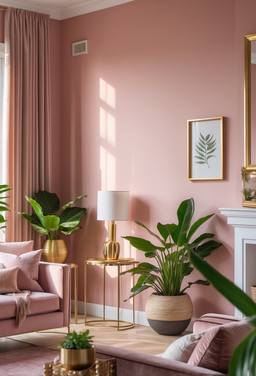A cozy living room corner with warm pink walls and gold decorative accents, featuring neutral furniture and green plants.