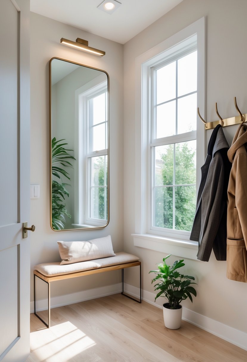 A small entryway with a large wall mirror, a wooden bench with a cushion, a coat rack with jackets, and a potted plant on the floor.