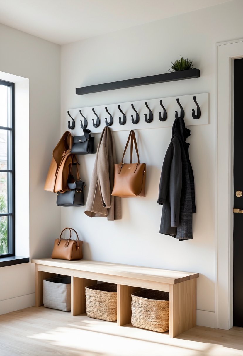 A small entryway with wall-mounted hooks holding coats and bags above a wooden bench with storage baskets underneath.