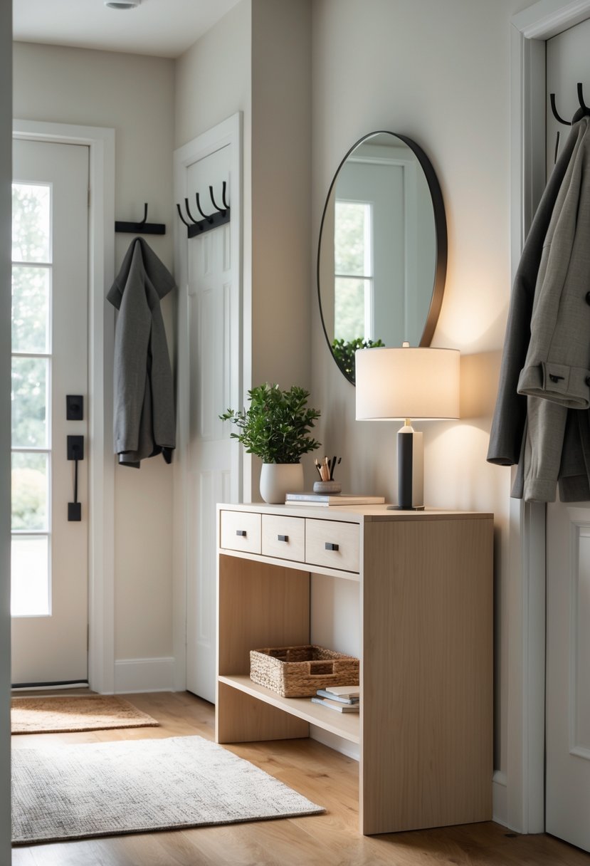 Small entryway with a slim console table with storage, a wall-mounted coat rack, and a round mirror above the table.