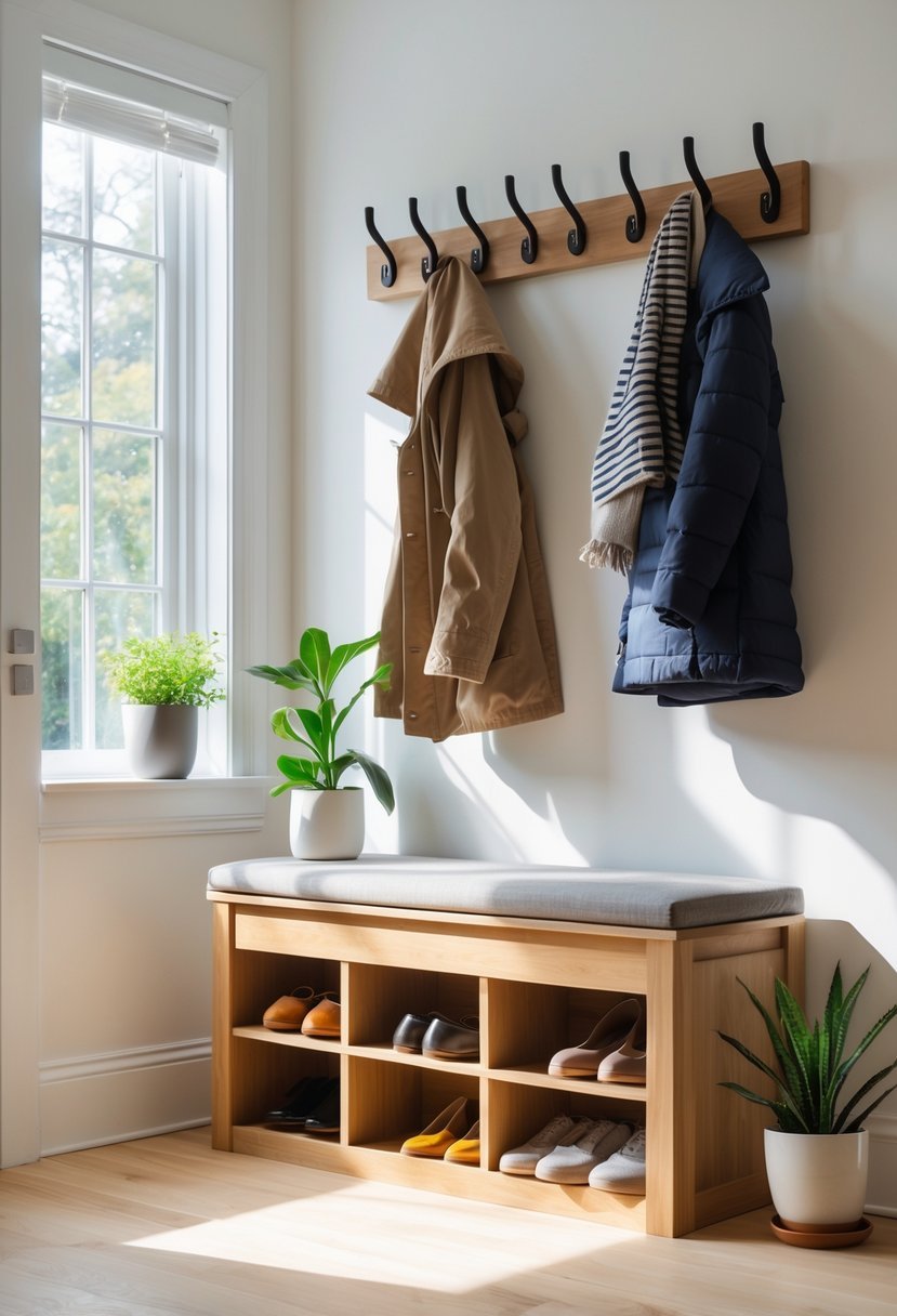 A small entryway with a wooden bench that has hidden compartments storing shoes and accessories, next to a coat rack and a potted plant.