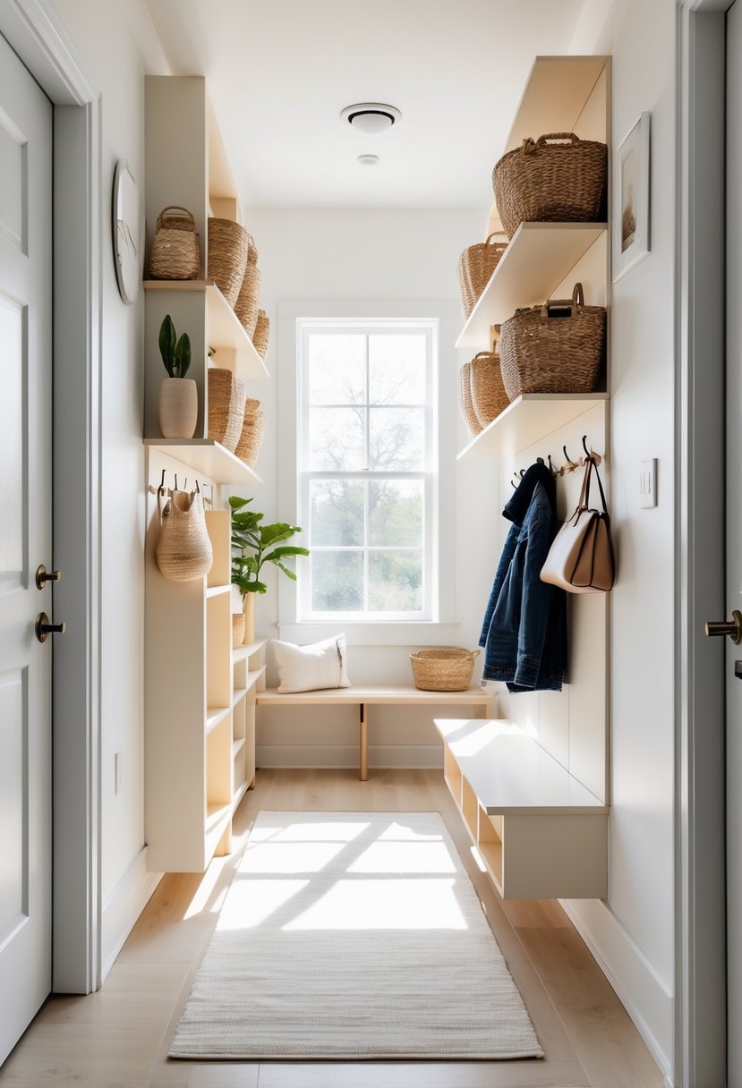 Small entryway with vertical wall shelves holding baskets and hooks, a bench underneath, and natural light coming through a window.