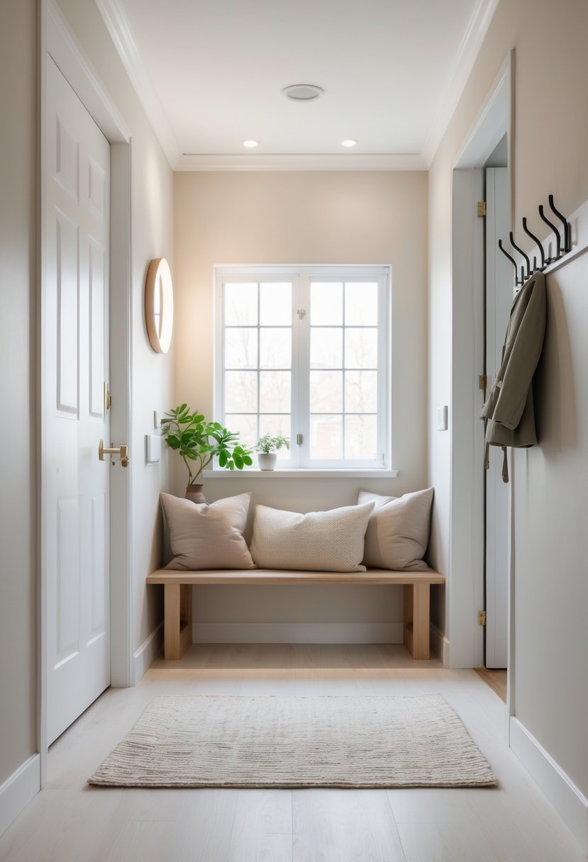 A small entryway with light neutral walls, a wooden bench with cushions, a round mirror, a coat rack, and a small potted plant.
