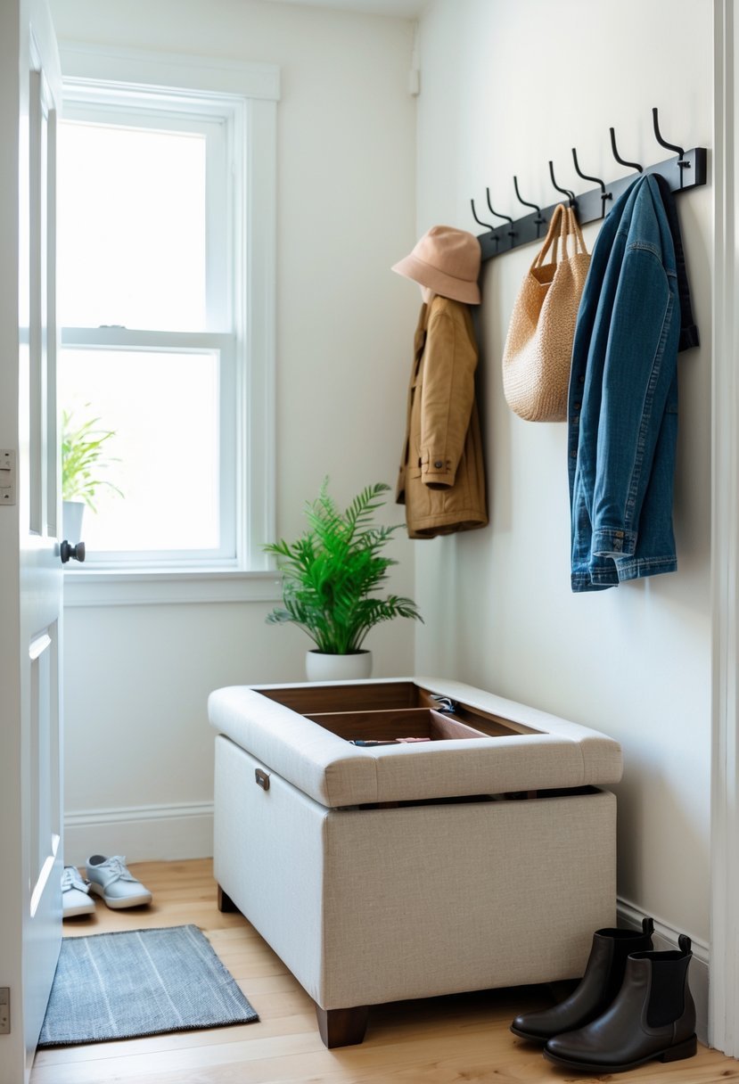 Small entryway with a storage ottoman, shoes on the floor, and coats hanging on a wall rack.