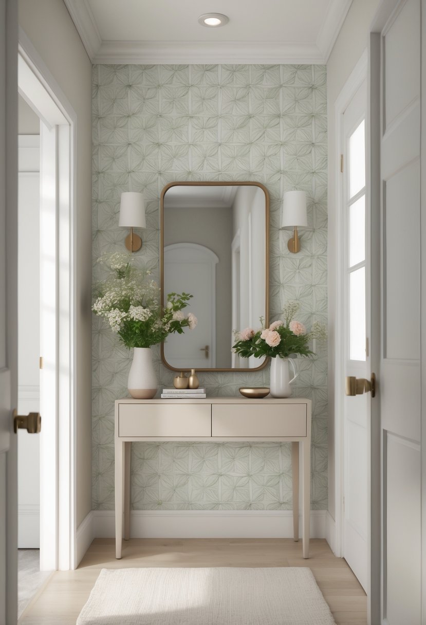 Small entryway with a console table and a decorative accent wall covered in patterned wallpaper.