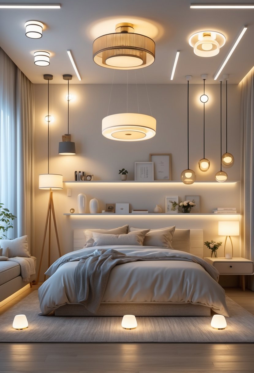 A cozy bedroom displaying ten different types of lights including pendant lights, lamps, wall sconces, a chandelier, and string lights, all creating a warm and inviting atmosphere.