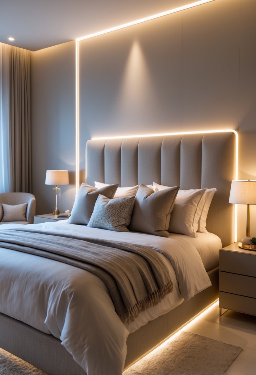 A bedroom with a bed and soft LED strip lights glowing behind the headboard.