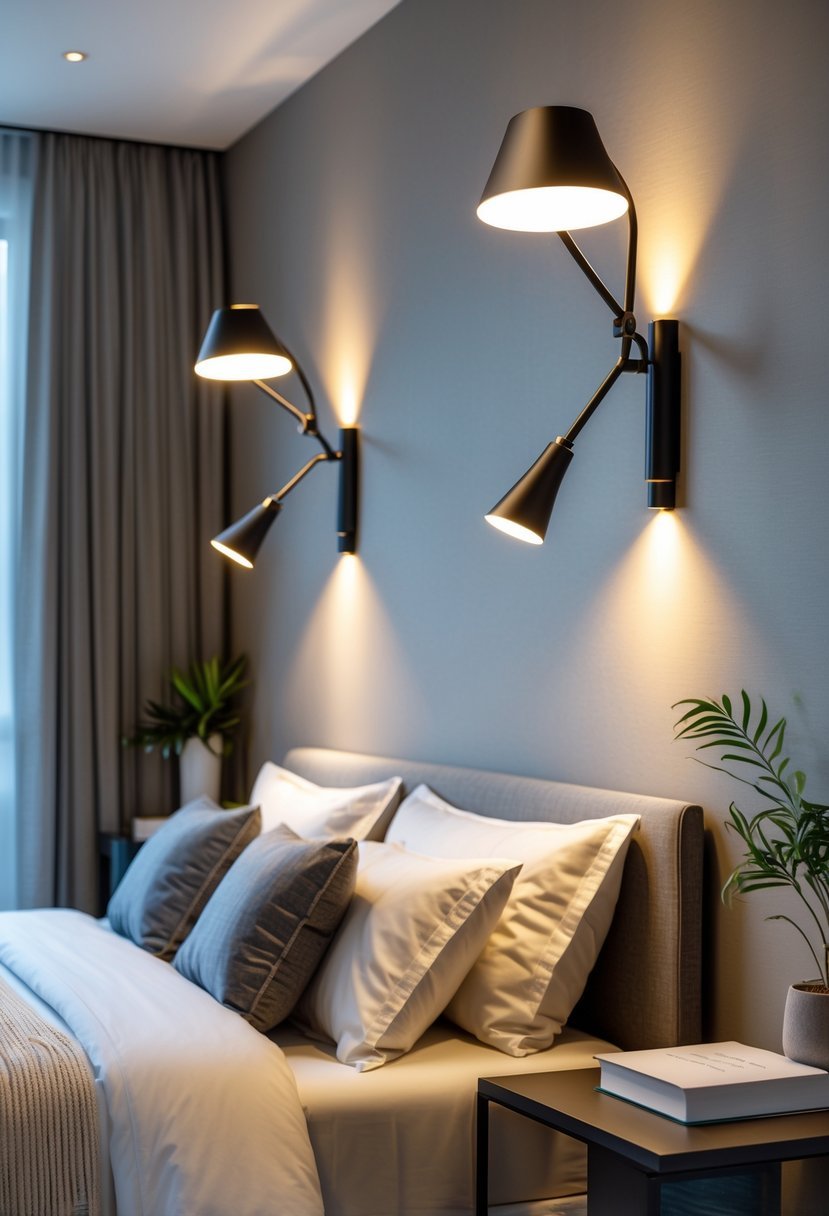 A bedroom with adjustable wall sconces beside the bed providing warm reading light.