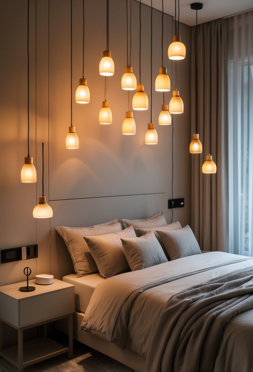 A bedroom with warm pendant lights hanging above a bedside table, casting a soft glow over the bed and surrounding area.