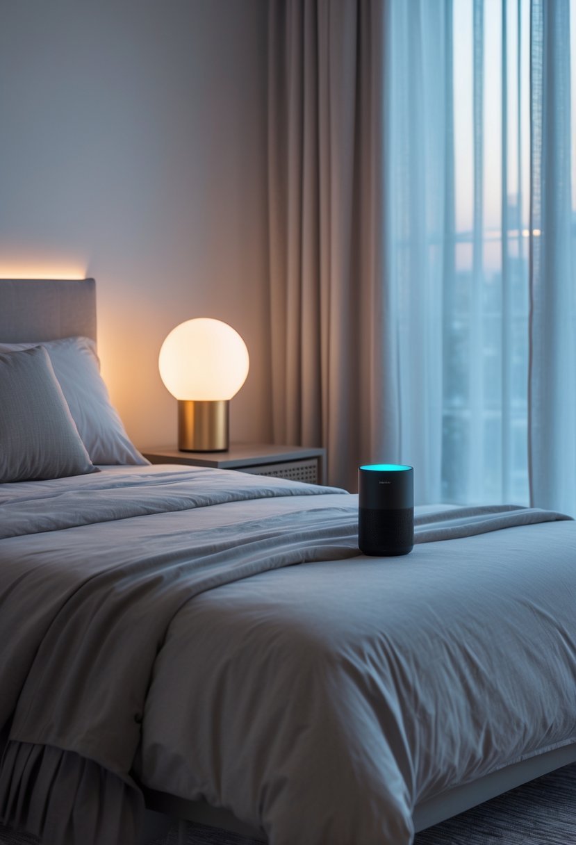 A modern bedroom with a cozy bed and smart lamps on bedside tables emitting warm light, alongside a smart speaker device.