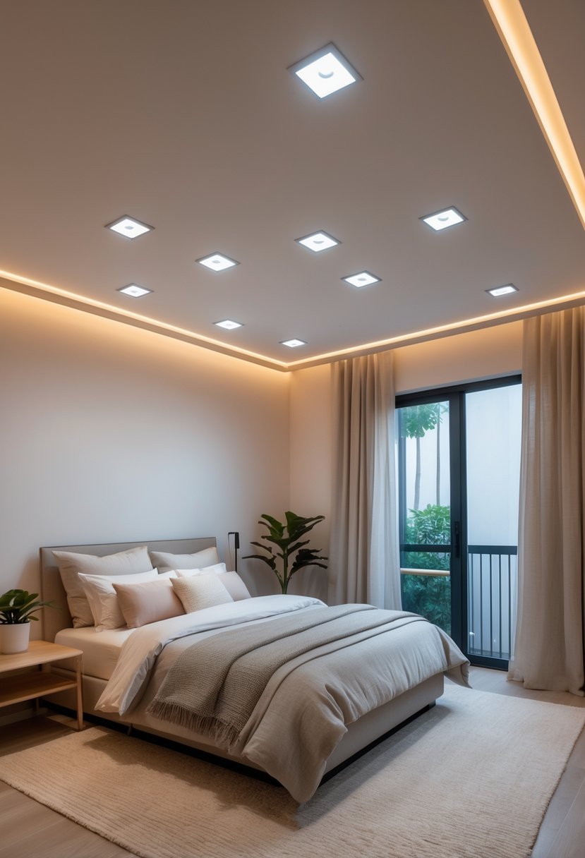 A cozy bedroom softly lit by recessed ceiling lights with a neatly made bed and minimalist furniture.
