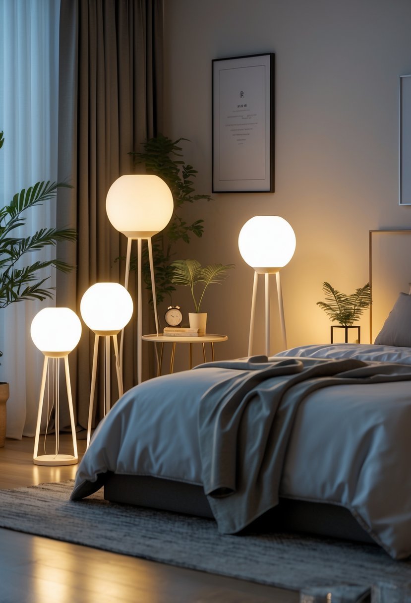 A bedroom with several floor lamps showing different brightness levels, a bed, and minimal decor.